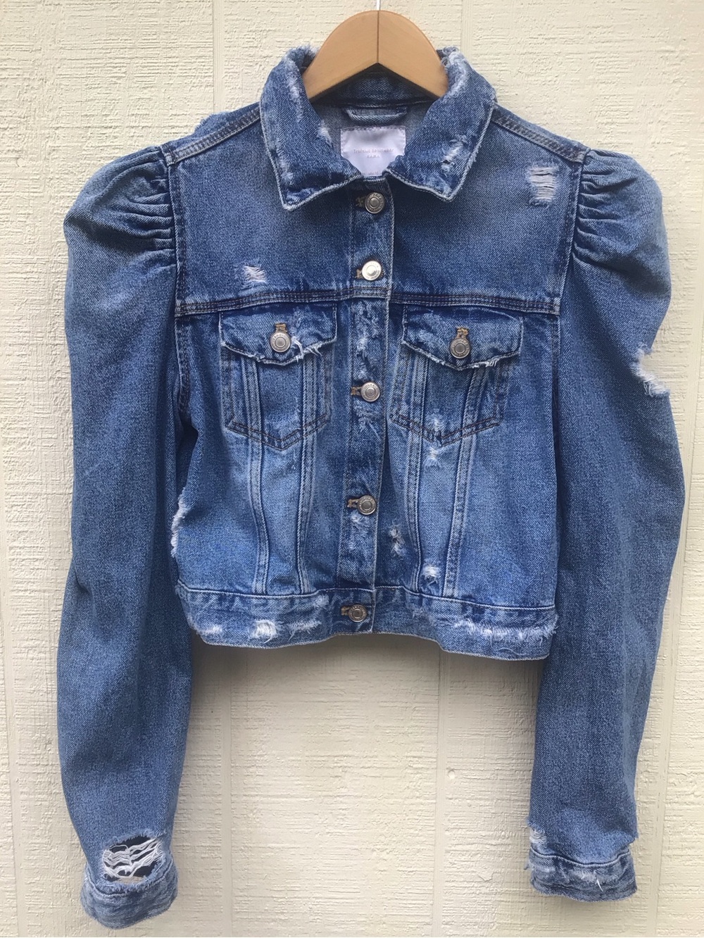 Zara puff sleeve denim jean distressed jacket